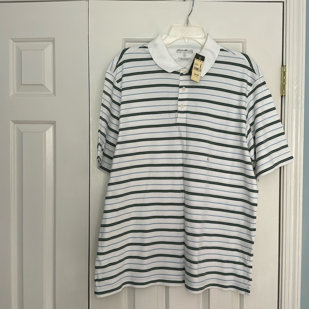 Men’s short sleeve, white striped polo.  NWT.  Eddie Bauer.